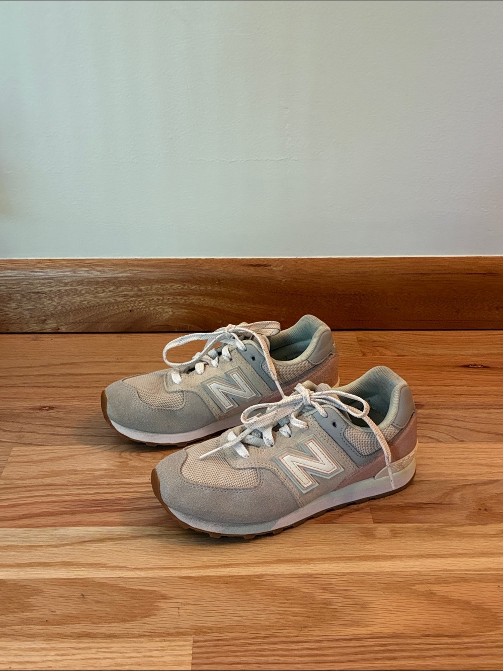 New Balance Kids Light Gray and Pink Accent Sneakers